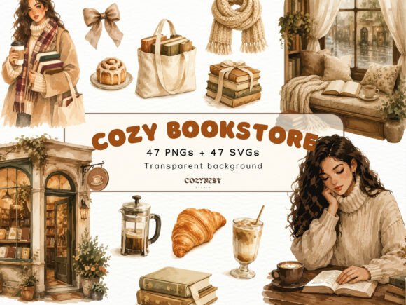 Download Cozy Bookstore Cliparts, Watercolor PNG - Watercolor Collection