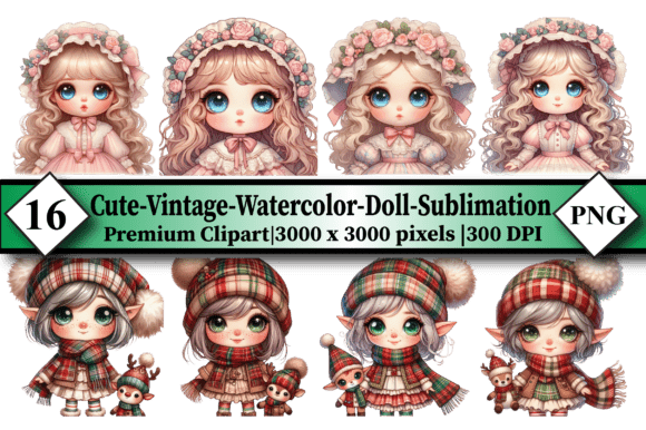 Download Cute Vintage Watercolor Doll Sublimation - Watercolor Collection