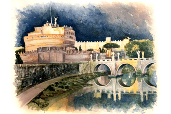 Download Watercolor Painting of Castel in Rome - Watercolor Collection