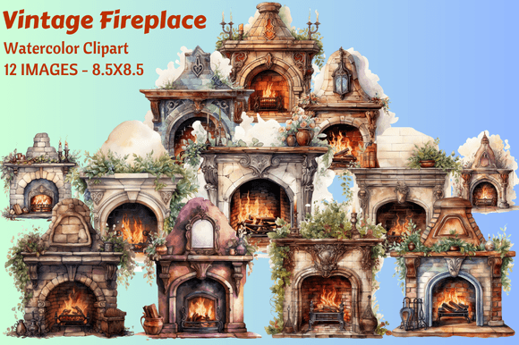 Download Vintage Fireplace Watercolor Clipart - Watercolor Collection