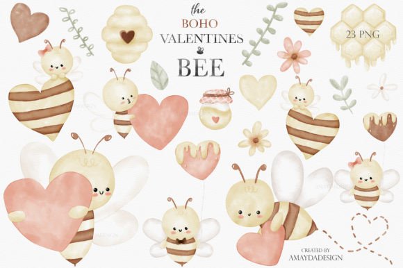 Download Bee My Valentine Boho Watercolor Clipart - Watercolor Collection