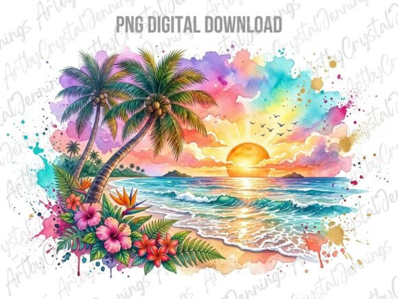 Download Tropical Sunset Beach Watercolor PNG - Watercolor Collection