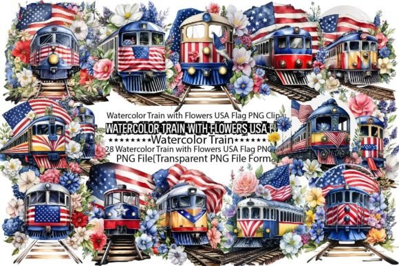 Download Watercolor Train with Flowers USA Flag - Watercolor Collection