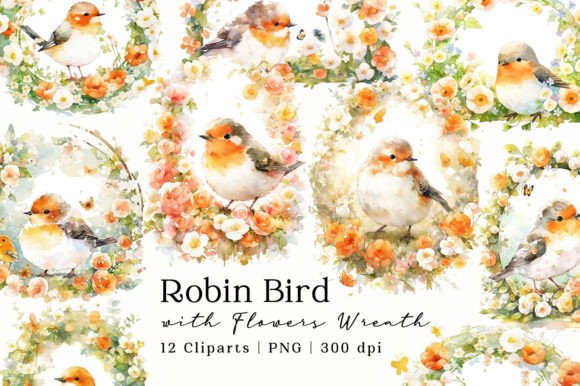 Download Robin Bird Flowers Wreath Watercolor PNG - Watercolor Collection