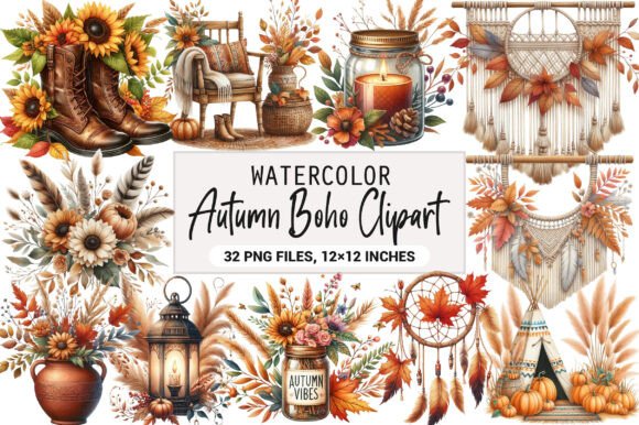 Download Watercolor Autumn Boho Clipart Bundle - Premium Resources
