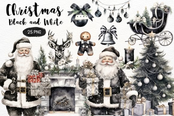 Download Christmas Black and White Watercolor PNG - Watercolor Collection