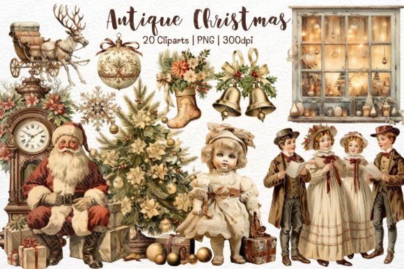 Download Antique Christmas Watercolor Clipart Set - Watercolor Collection