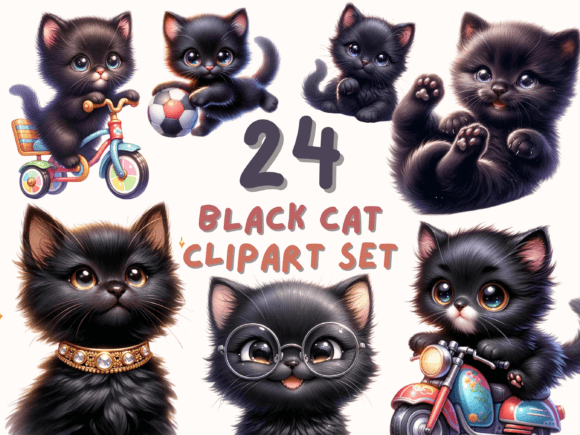 Download Cute Black Cat Watercolor Clipart Set - Watercolor Collection