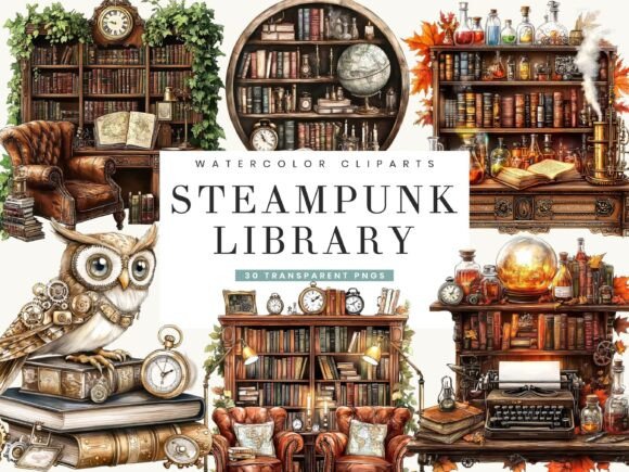 Download Watercolor Steampunk Library Clipart - Watercolor Collection