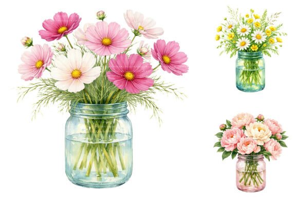 Download Watercolor Mason Jar Flower Bouquets PNG - Watercolor Collection